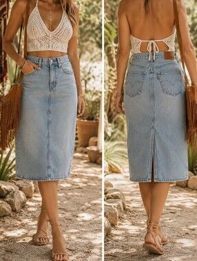 NWT Levi's High Rise Back Slit Denim Midi Pencil Skirt Light Wash Classic Blue